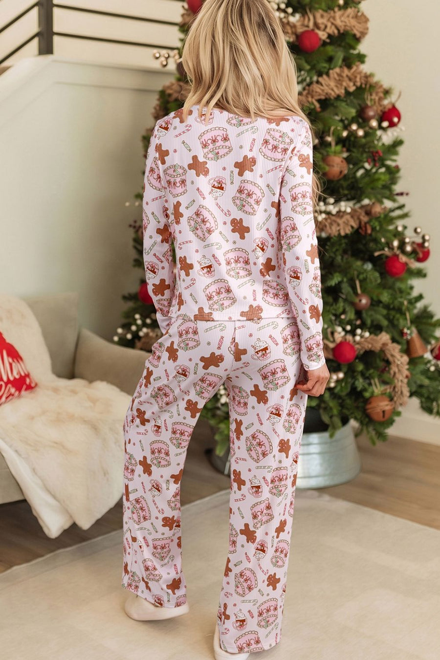 brown pajama set featuring two-piece and Christmas print