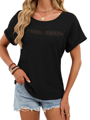 Black waffle knit short sleeve tee with lace trim detail across the chest and sleeves.