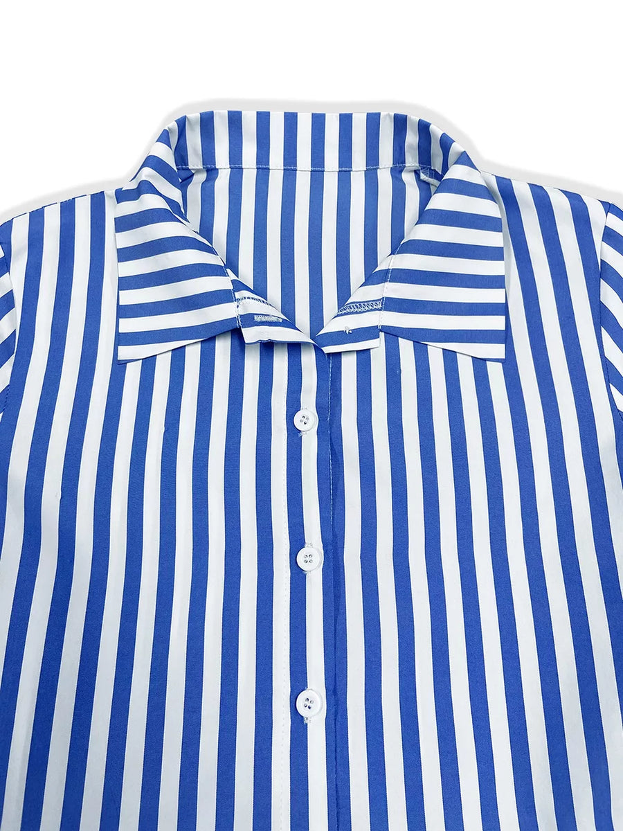 Light Blue with Striped Long Sleeve Maxi Shirt Dress