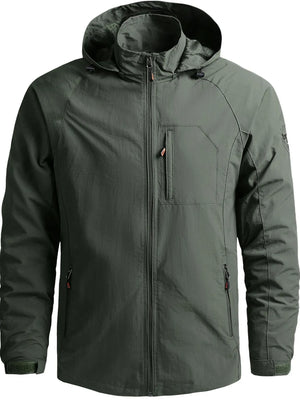 Men's army green lightweight hooded windproof jacket with zip pockets and chest pocket.
