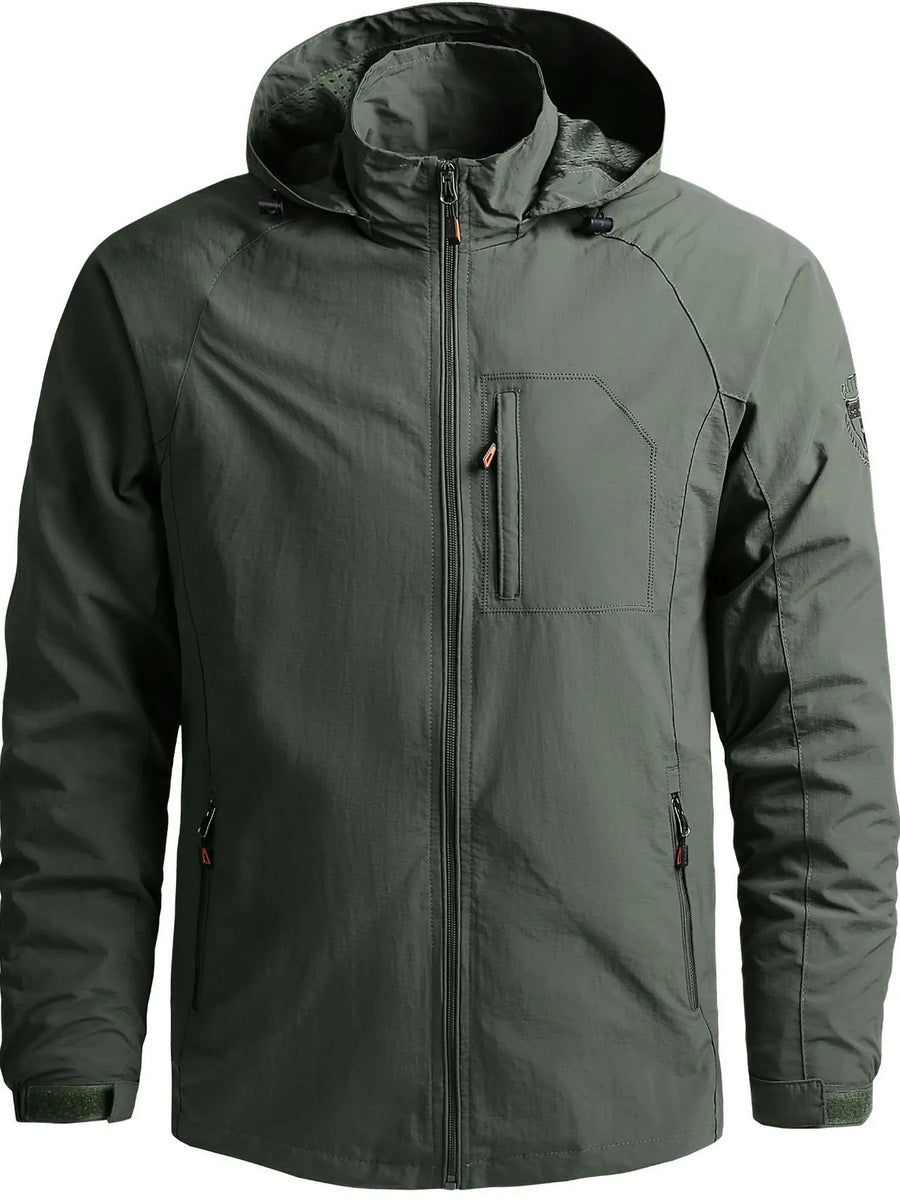 Men's army green lightweight hooded windproof jacket with zip pockets and chest pocket.