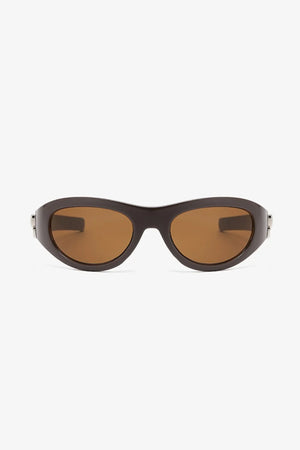 Sporty shield sunglasses in coffee brown with brown lenses and a bow accent.