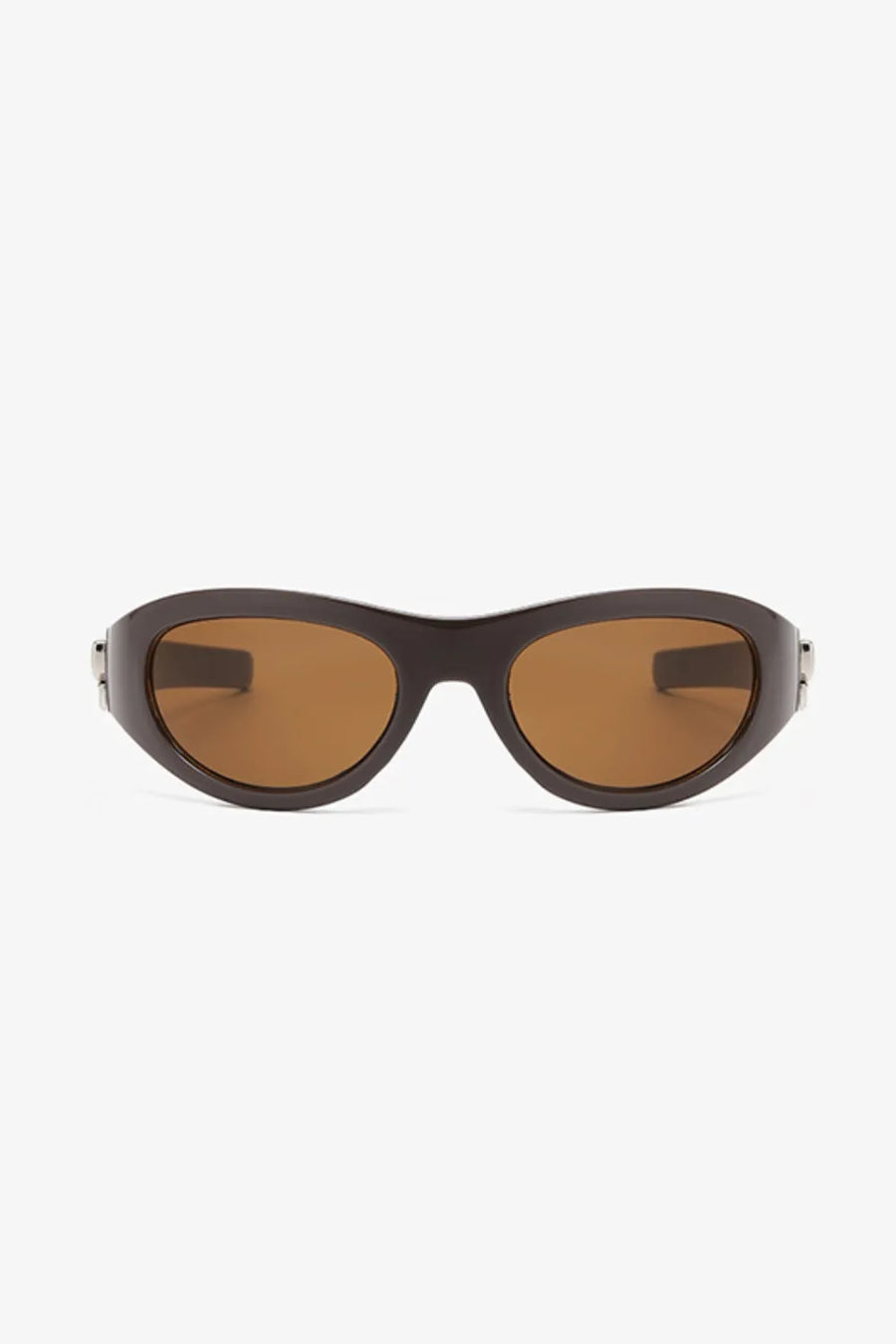 Sporty shield sunglasses in coffee brown with brown lenses and a bow accent.