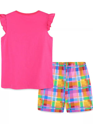 Pink toddler t-shirt with ruffled sleeves and plaid shorts.