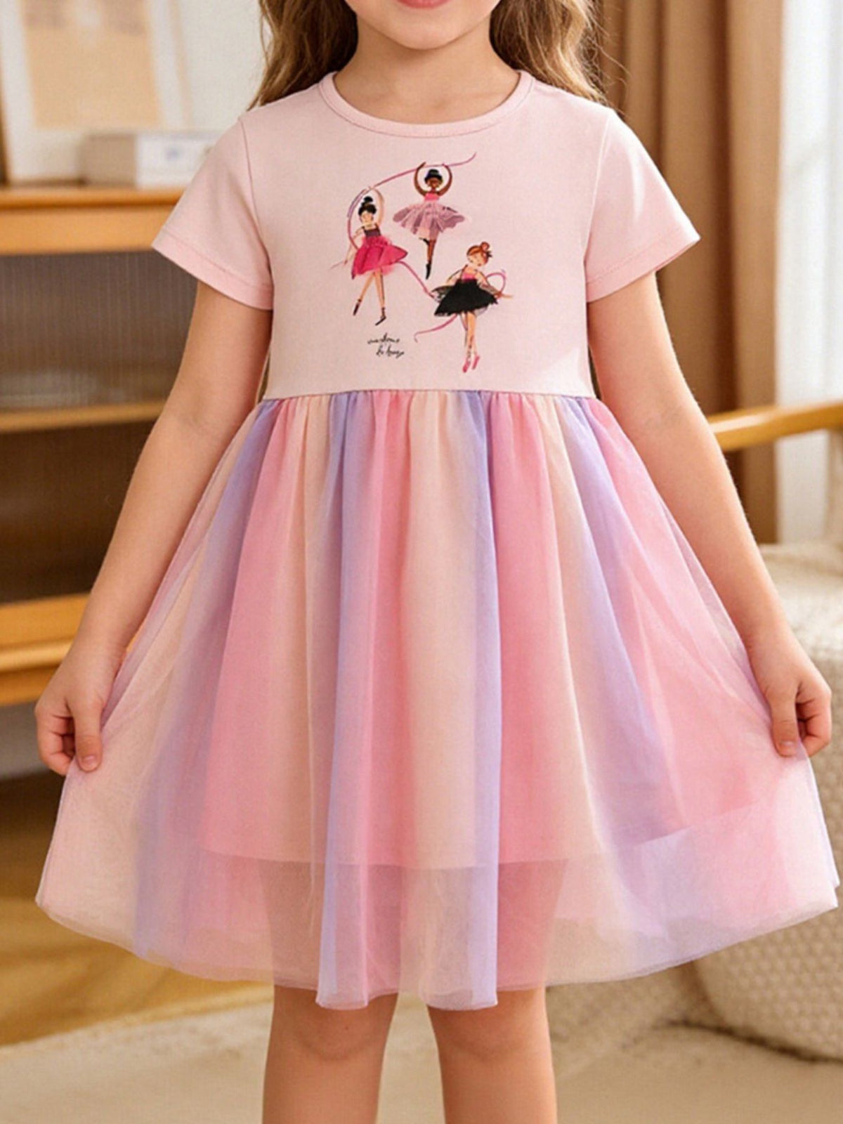 Ballerina graphic pink cotton dress with colorful tulle skirt.