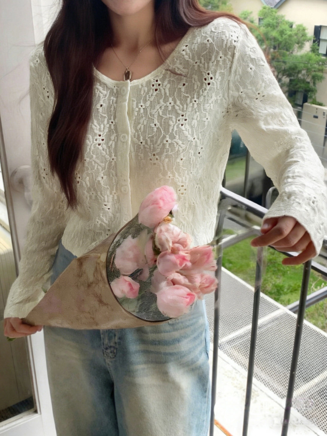 White lace button-up cardigan with floral pattern and crew neck.