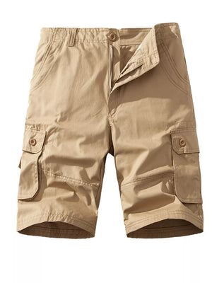 Khaki cargo shorts for men with button fly and multiple pockets.
