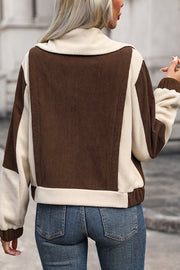 Colorblock corduroy fleece jacket in chocolate and beige with a relaxed fit.