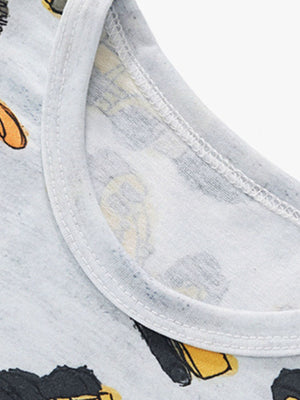 Toddler construction vehicle tee with all-over print and crew neck.