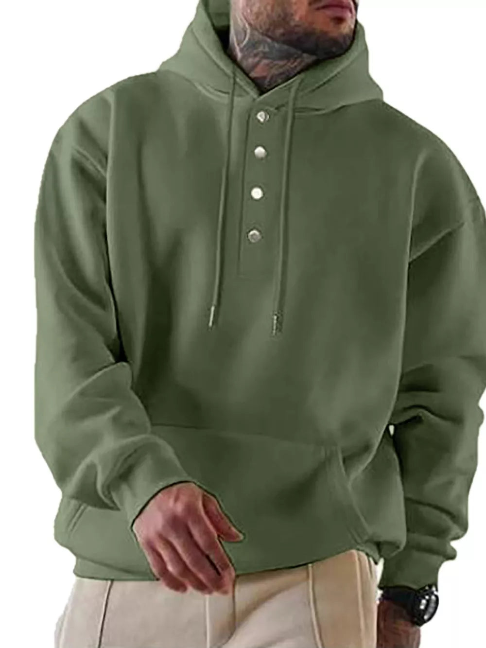 Army green cotton button-down hoodie with drawstring and kangaroo pocket