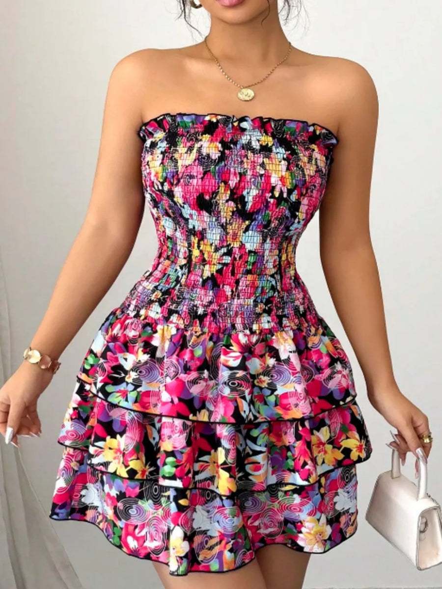 Strapless Smocked Floral Tiered Mini Dress in Color