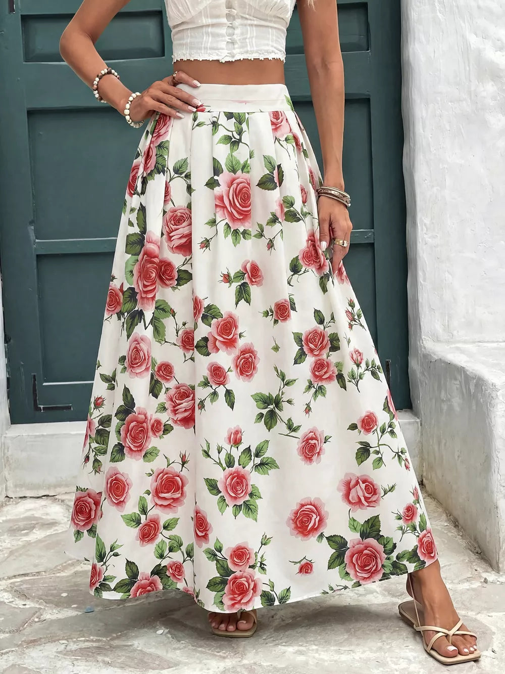 Elegant floral maxi skirt with red roses and pleats, white.