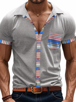 Light gray cotton short sleeve men's shirt with colorful striped trim and pocket.