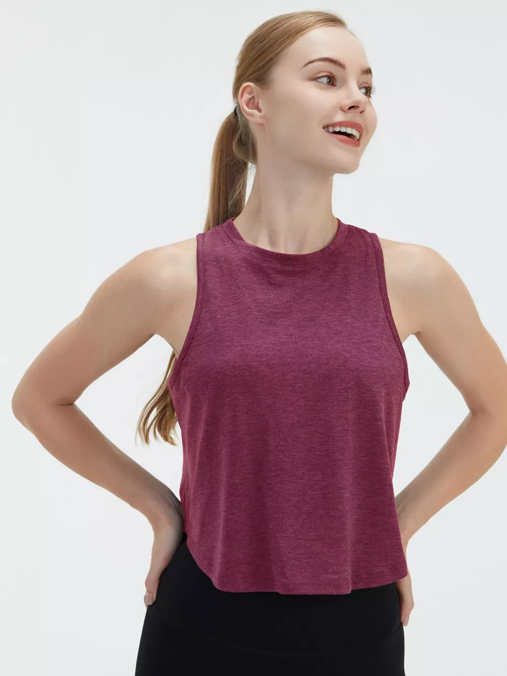 Maroon heathered knit tank top with crew neck and sleeveless cut.