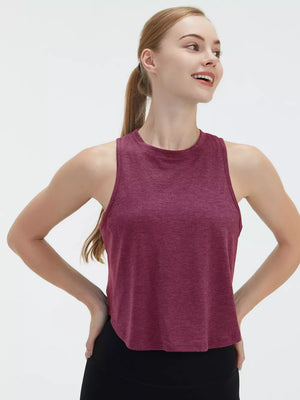 Maroon heathered knit tank top with crew neck and sleeveless cut.