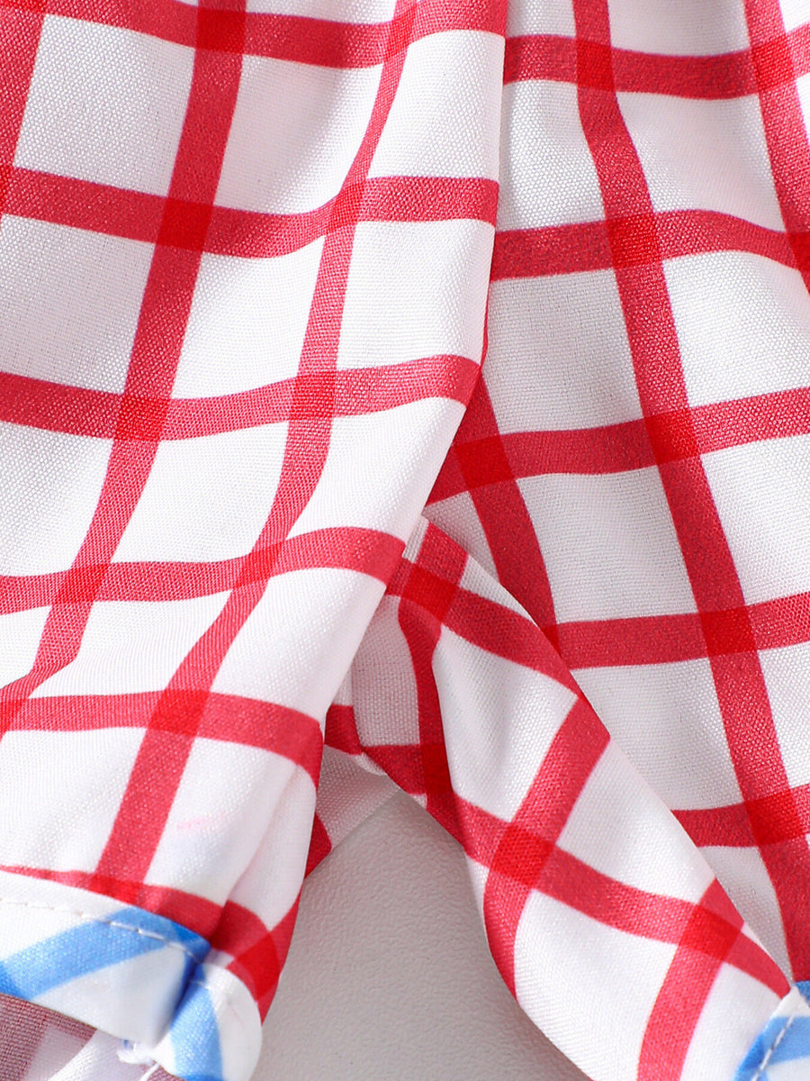 Baby red and white plaid cotton shorts with blue striped trim