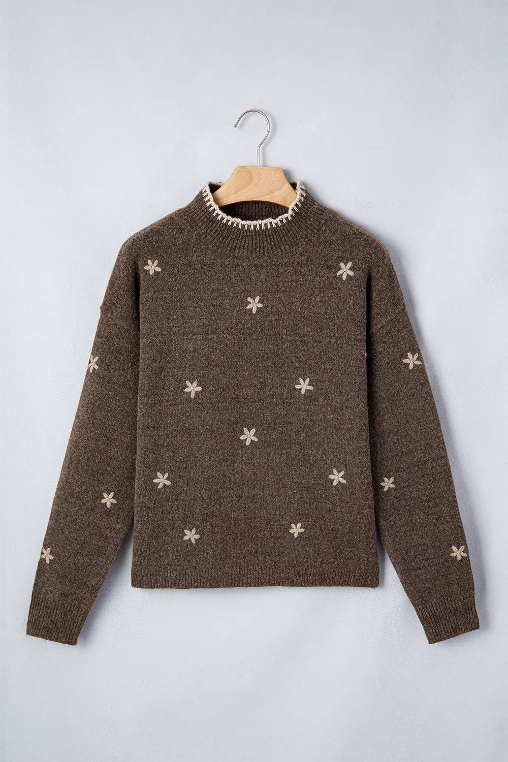 Coffee Brown mock neck sweater with hip-length and pullover