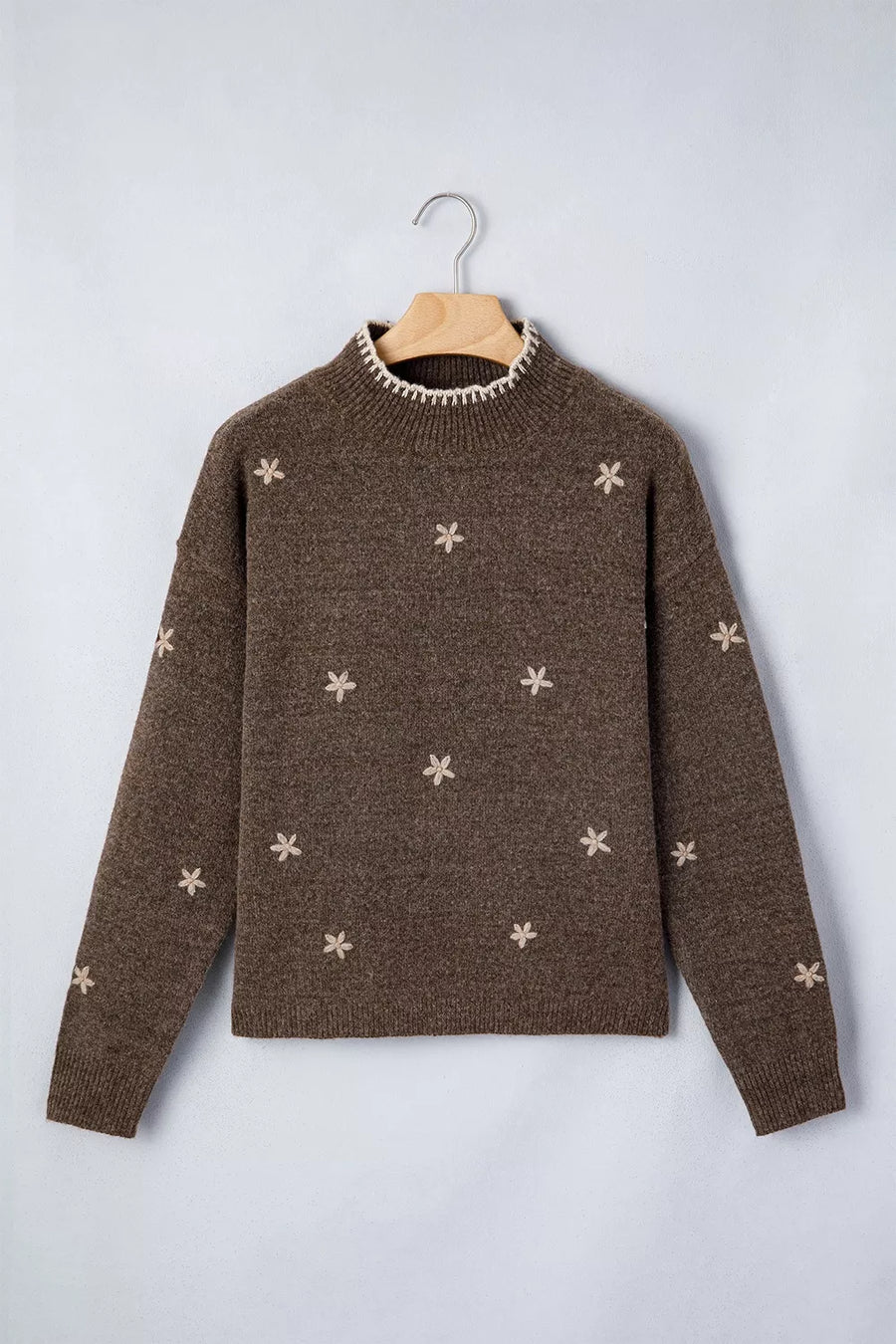 Coffee Brown mock neck sweater with hip-length and pullover