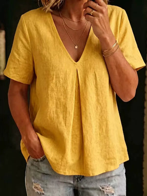 Yellow linen v-neck short sleeve top with front pleats