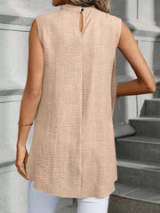 Chic mock neck sleeveless tank top in Khaki with a keyhole back detail.
