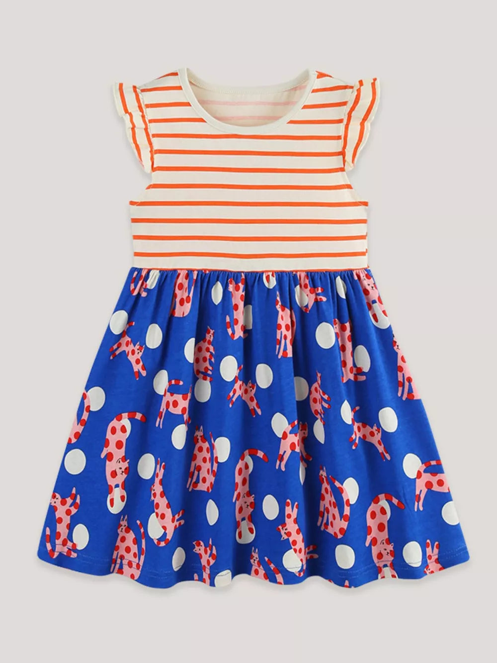 Toddler cotton dress with orange stripes and playful cat print skirt.