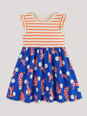 Toddler cotton dress with orange stripes and playful cat print skirt.