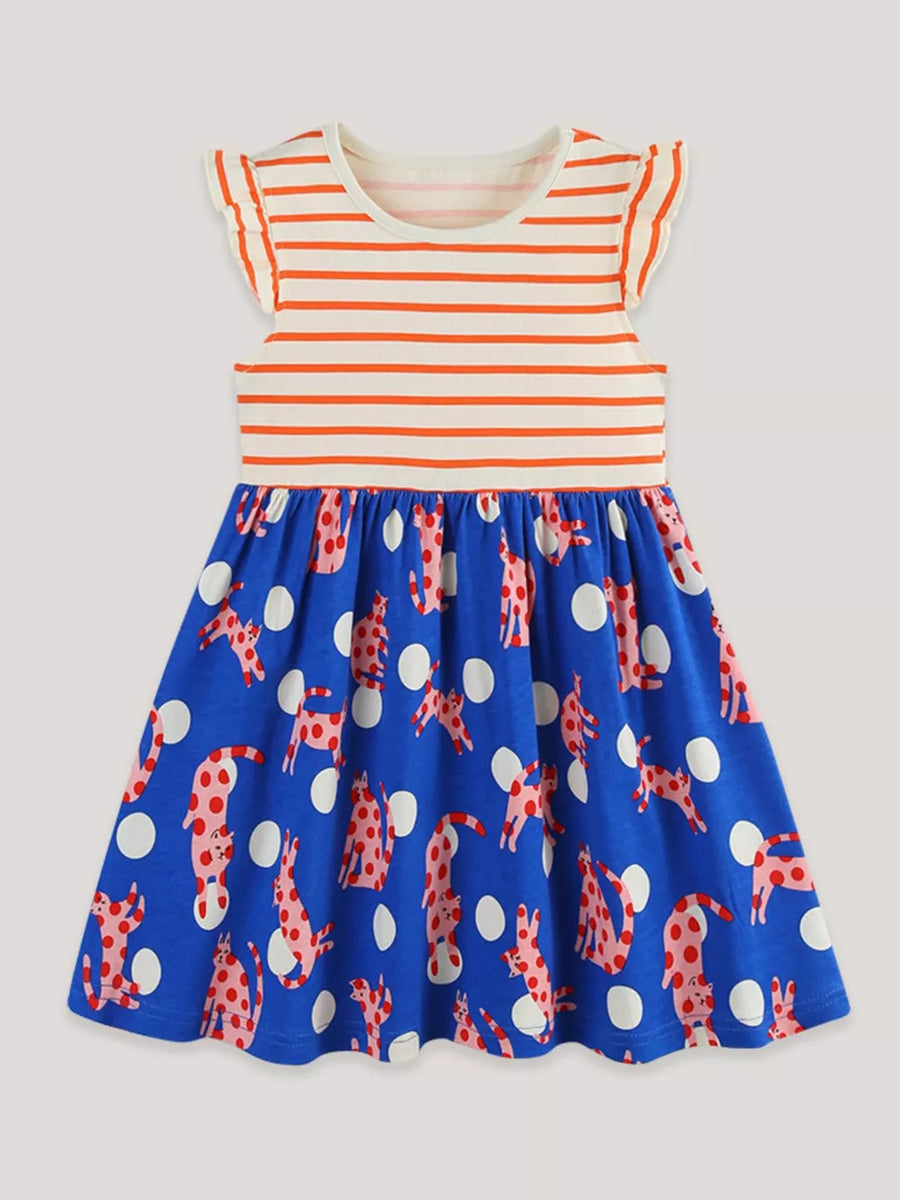 Toddler cotton dress with orange stripes and playful cat print skirt.