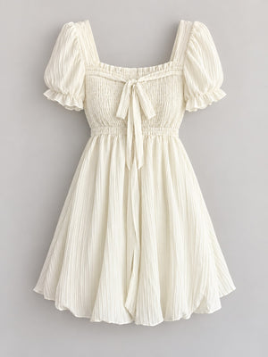 romantic mini dress in Cream with square neck