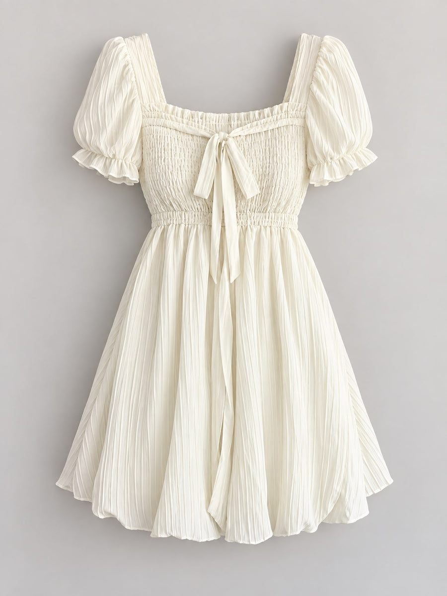 romantic mini dress in Cream with square neck