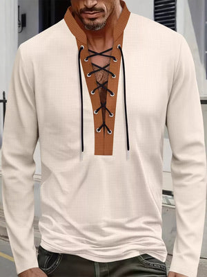 Men's Vintage Lace-up Long Sleeve Henley Plus Size in Black