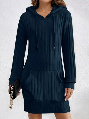 Navy ribbed knit hoodie dress with drawstring hood and front pocket.