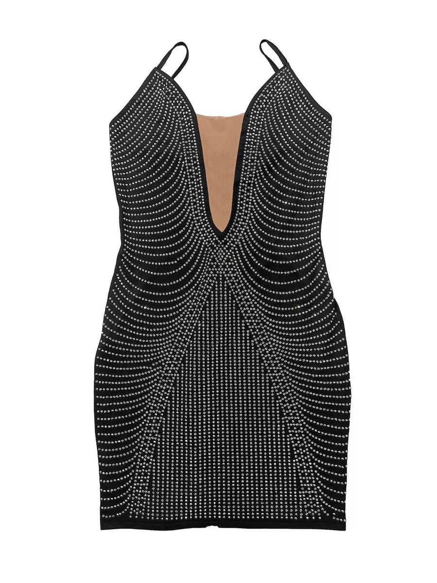 glam mini dress in Black with deep v-neck