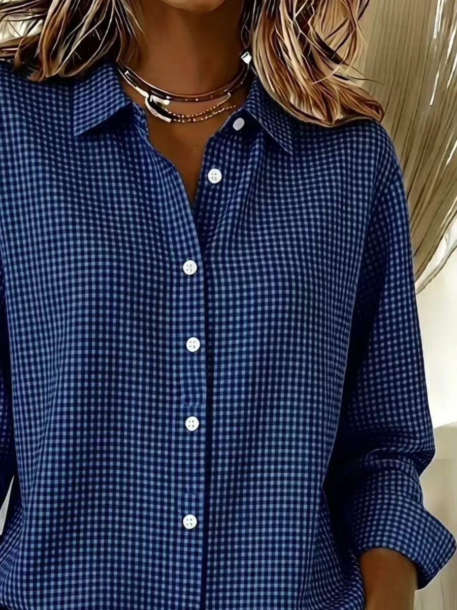 Plus Size Plaid Button Up Long Sleeve Shirt in Navy Blue