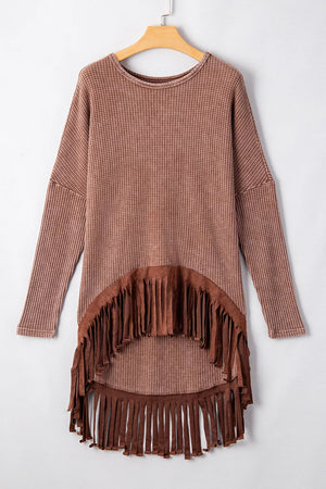 Brown with Waffle Knit Fringed High Low Loose Top