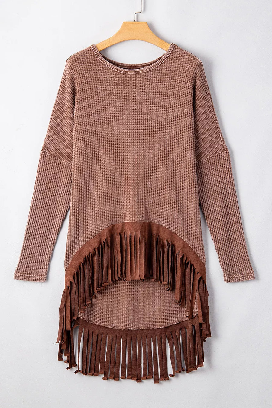 Brown with Waffle Knit Fringed High Low Loose Top