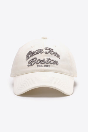 Ivory baseball cap with embroidered "Bean Town Boston EST. 1991" text