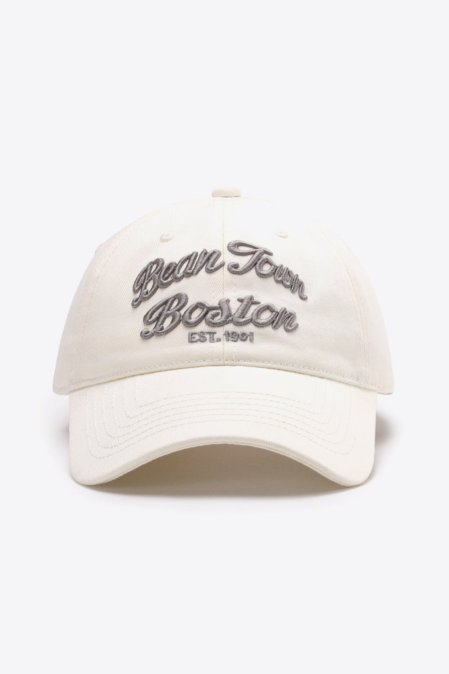 Ivory baseball cap with embroidered "Bean Town Boston EST. 1991" text