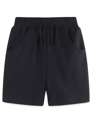 Black cotton shorts with drawstring waist and side pockets