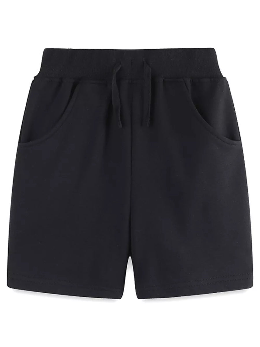 Black cotton shorts with drawstring waist and side pockets