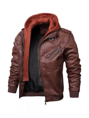 Brown faux leather hooded jacket with zippered pockets and buckle detail