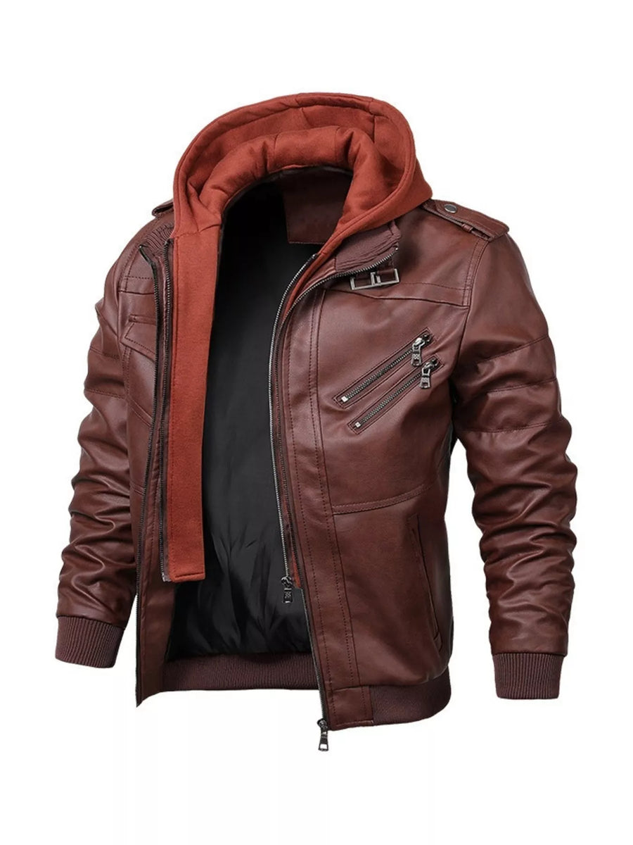 Brown faux leather hooded jacket with zippered pockets and buckle detail