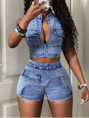 85% cotton, 15% polyester Care instructions: Machine wash cold denim shorts set in light wash denim blue with fitted
