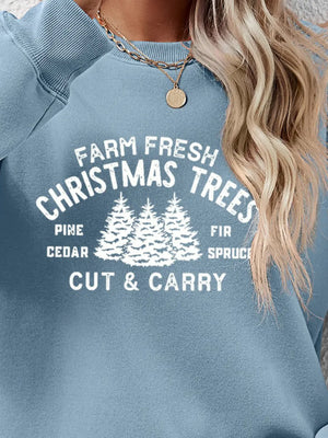 Misty Blue crewneck sweatshirt with "Farm Fresh Christmas Trees" graphic print and cut & carry text.