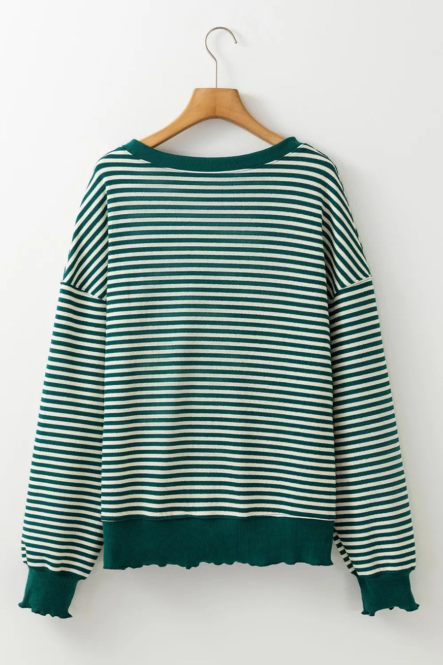Dark green and white striped sweatshirt with a boat neck and lettuce hem cuffs.