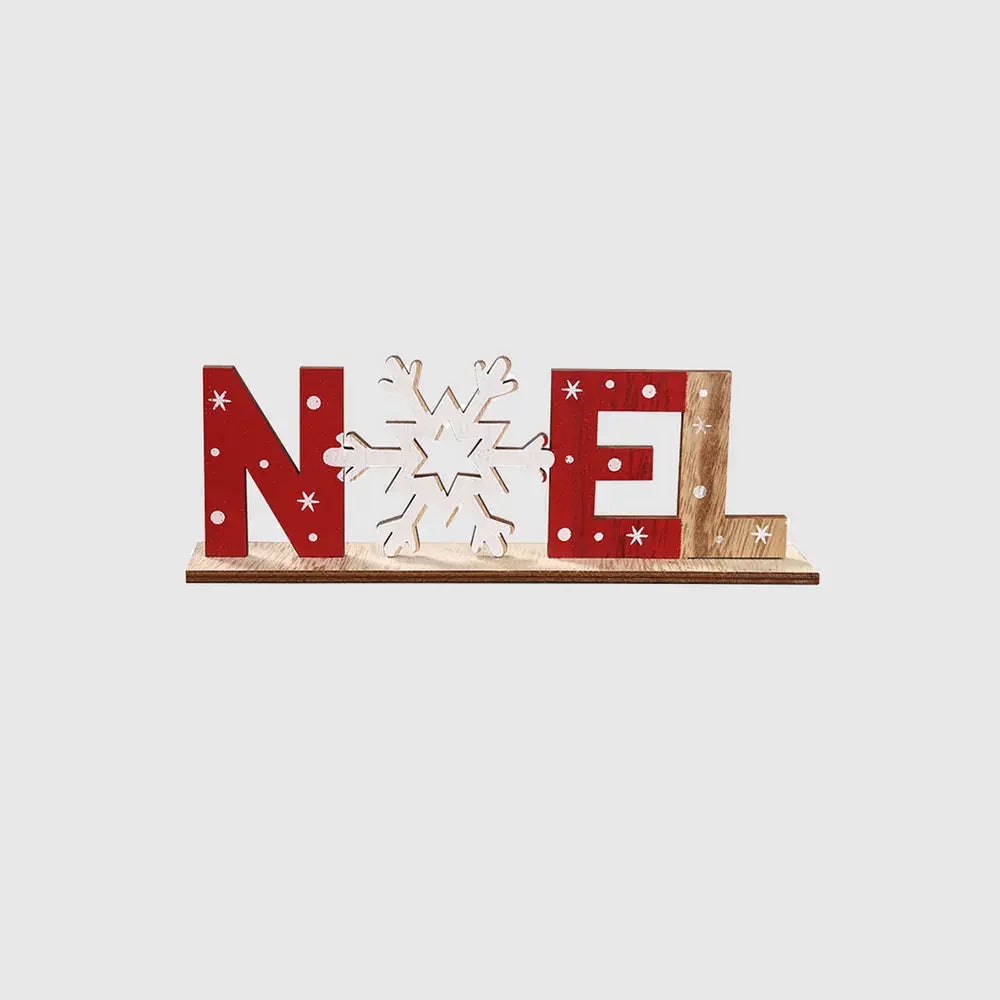 Festive wooden word block set spelling NOEL with snowflake, red and white polka dot and wood finishes.