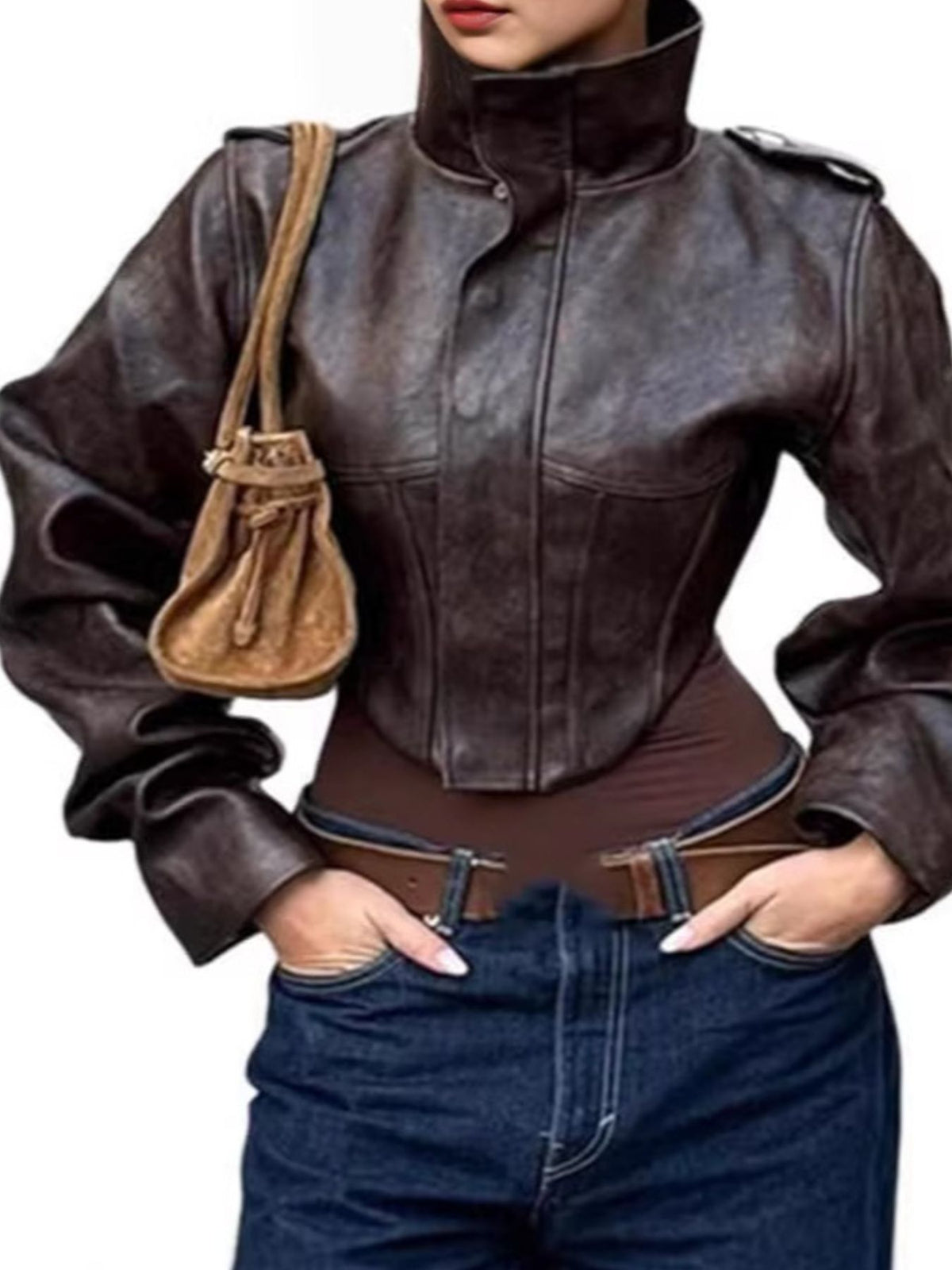 Brown distressed leather jacket with a slim fit and high collar.