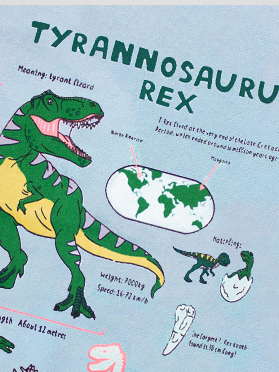 T-Rex graphic with text and world map illustration on light blue fabric.
