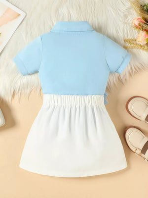 Toddler blue collared short sleeve top with white elastic waist skirt set