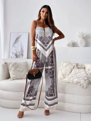 Chic printed cami and wide-leg pants set in a black and white paisley pattern.