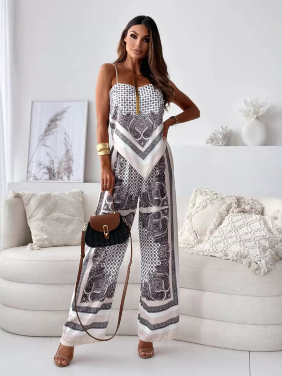 Chic printed cami and wide-leg pants set in a black and white paisley pattern.